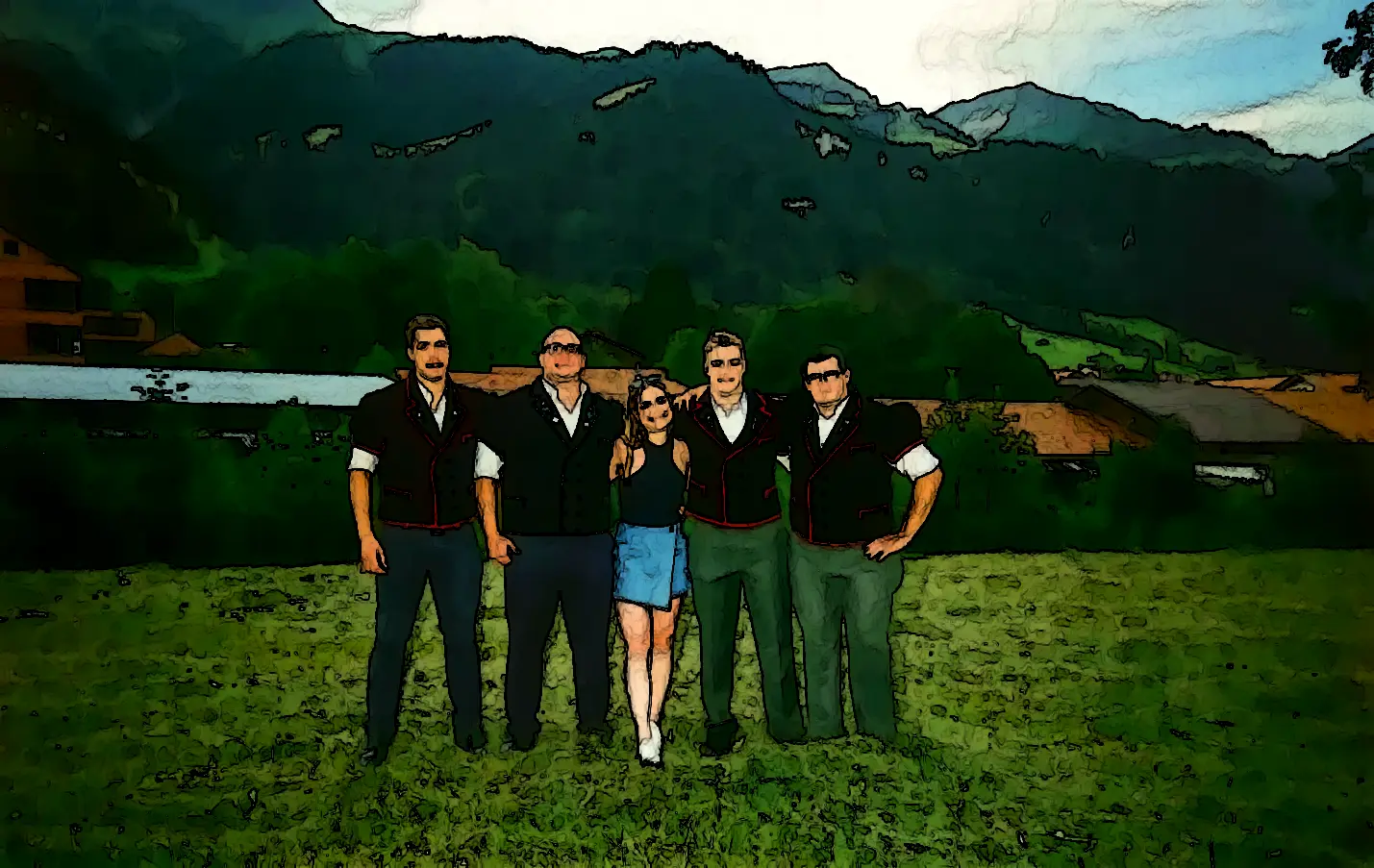 Anna mit vier Schwingern in Tracht vor Bergkulisse